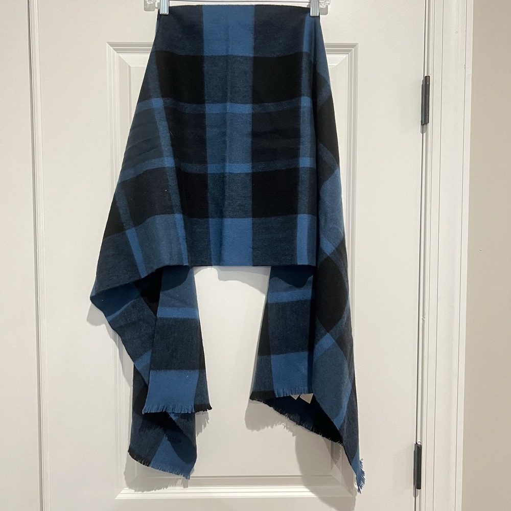 Coach Wool Cashmere Check Scarf Blue Black Plaid Oversized Wrap 72" x 20" F21055